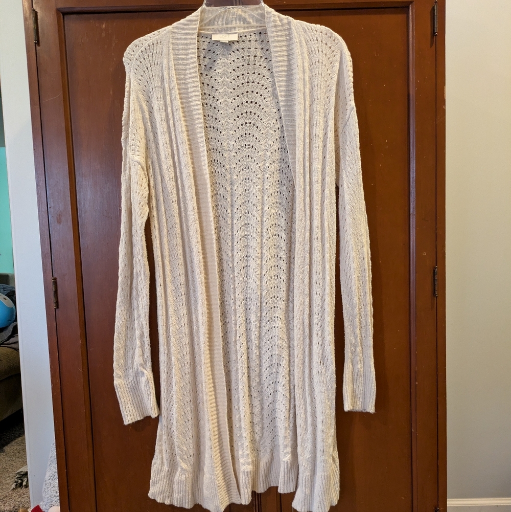LOFT Cream Open-Front eyelet Knit Cardigan Size Medium